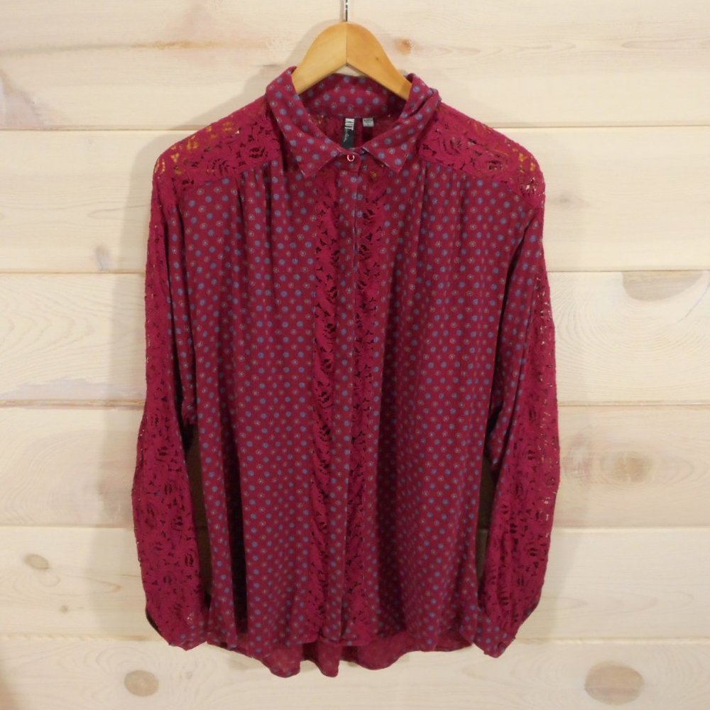 Kut from the Kloth Women's L Button Front Shirt Maroon Red Floral Lace